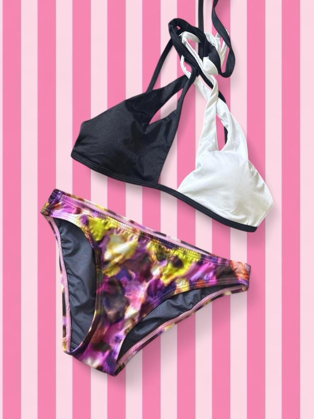 Deadstock Black & White Twist-Back Bikini Top with Multicolor Print Bottom